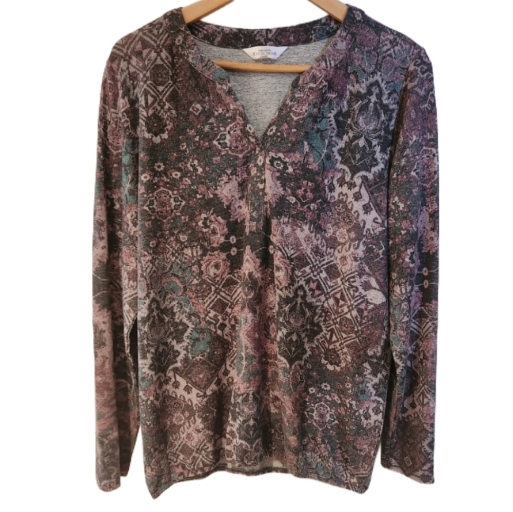 Northern‎ Reflections Large Purple Dark Teal Patterned Long Sleeve Top Dressy